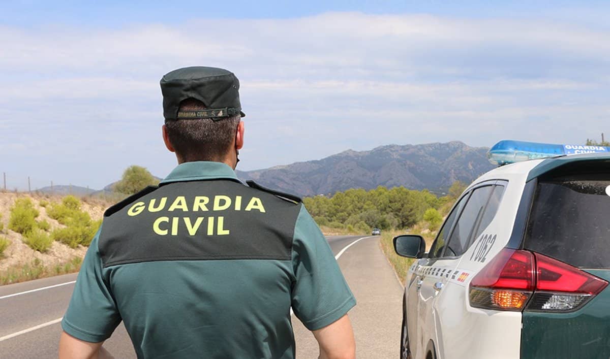 Un agente de la Guardia Civil junto a un vehículo en una carretera.