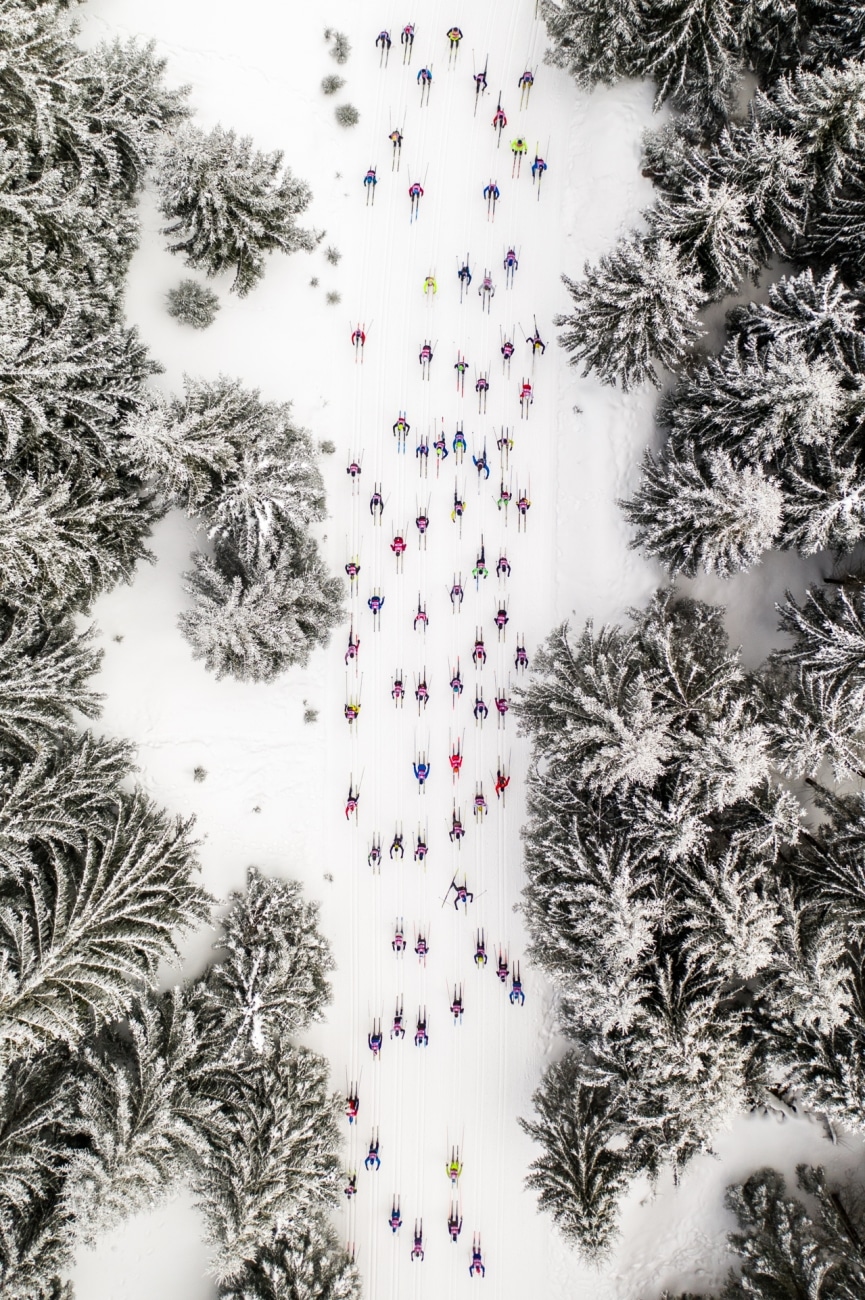 Los esquiadores se deslizan con sus coloridas ropas a lo largo de la pista rodeada de árboles cubiertos de nieve en esta imagen tomada en marzo de 2022 que muestra a los competidores del evento anual de esquí Bieg Piastów celebrado en Szklarska Poręba.