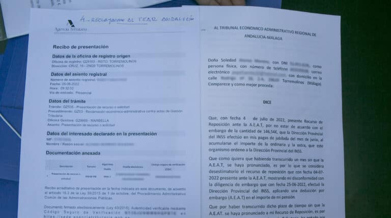 Reclamación de Soledad Alonso ante el Tribunal Económico Administrativo Regional de Andalucía, denunciando su situación.