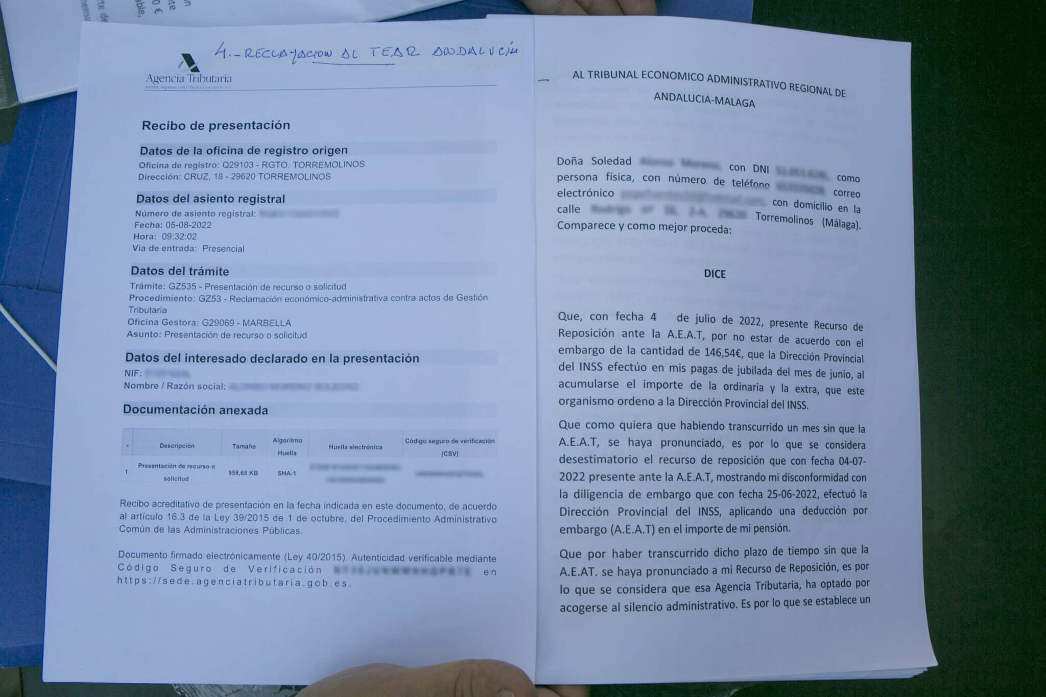 Reclamación de Soledad Alonso ante el Tribunal Económico Administrativo Regional de Andalucía, denunciando su situación.