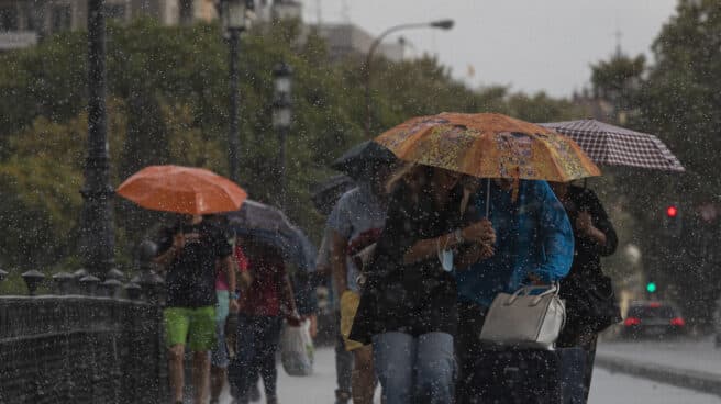 Varias personas caminan bajo sus paraguas el día en que han puesto en aviso amarillo a la Comunidad de Andalucía por tormentas y lluvias.