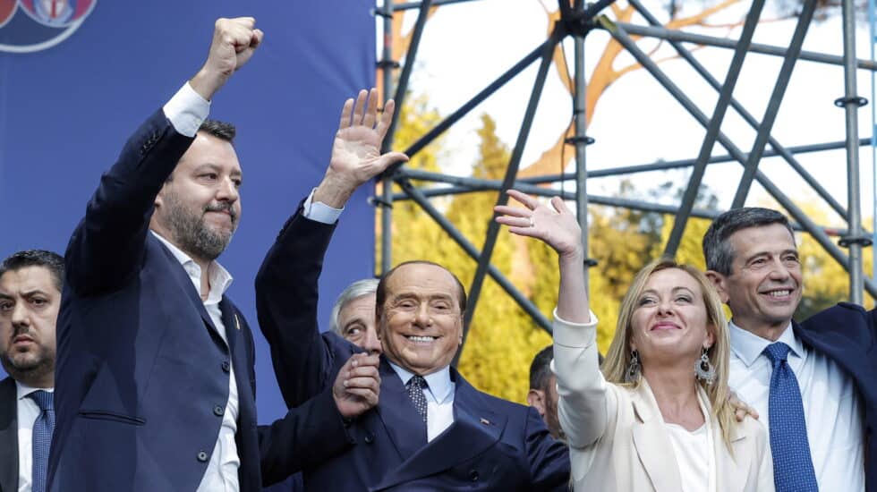Los líderes del bloque conservador en el mitin del final de campaña en Roma