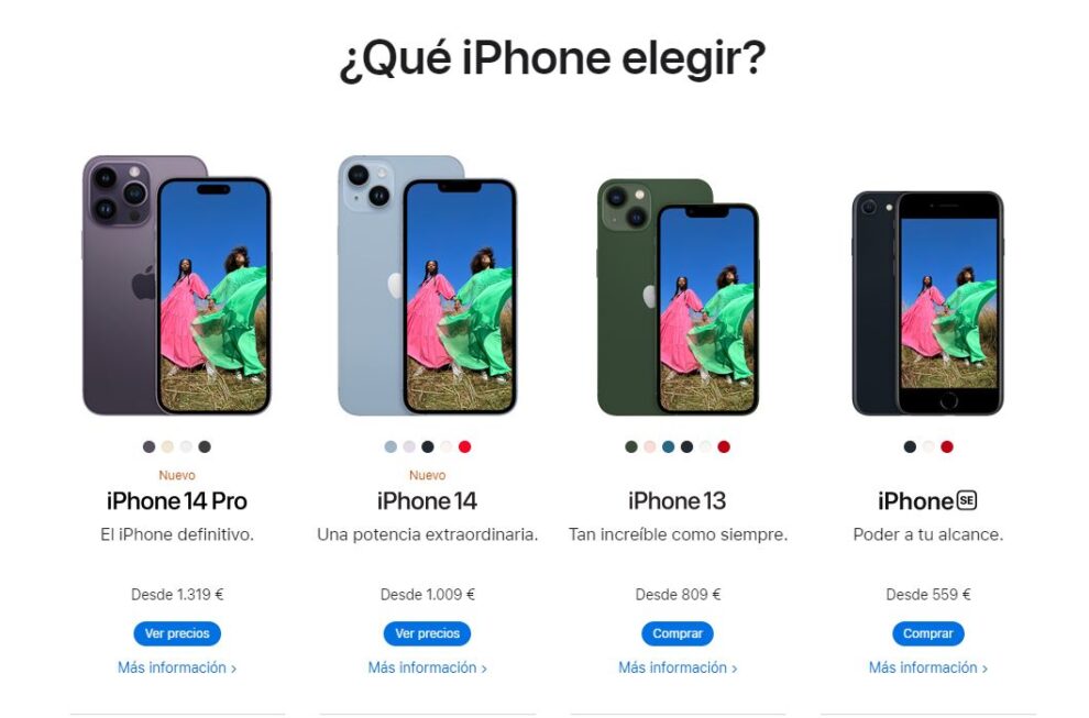 Diferentes modelos de los nuevos iPhone 14 en la web de Apple España