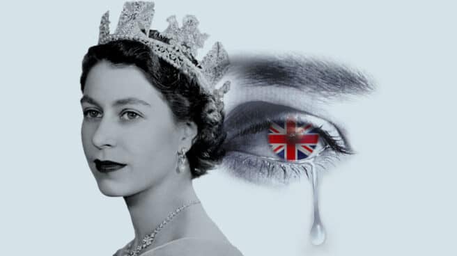 Imagen de la reina de Inglaterra Isabel II y un ojo llorando con la bandera inglesa