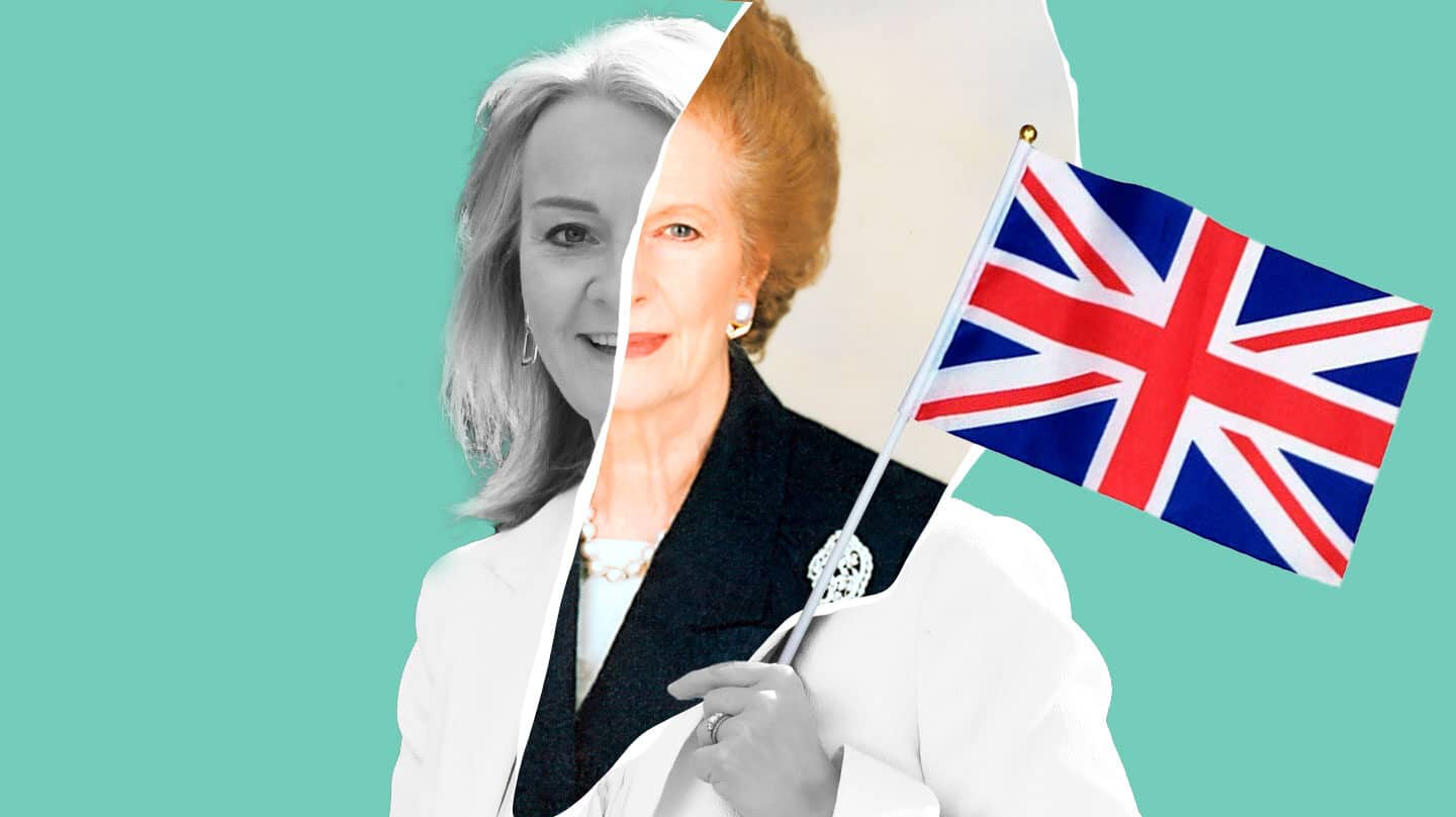 Imagen de Liz Truss sujetando una bandera de inglaterra y comparada con una imagen de Margaret Thatcher