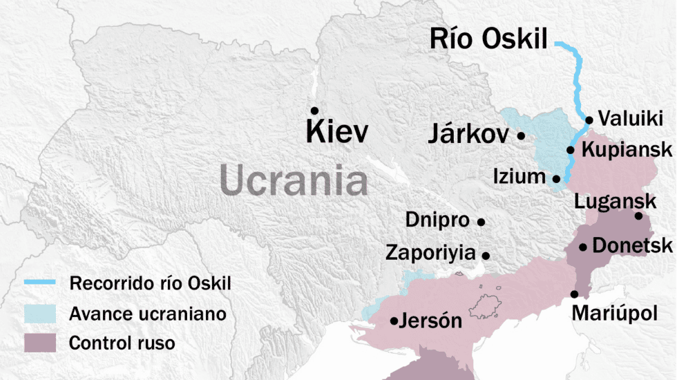 Mapa de Ucrania con el recorrido del río Oskil y la situación al 19 de septiembre