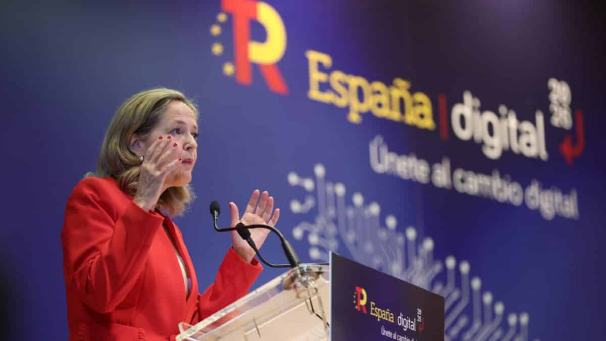 La vicepresidenta y ministra de Asuntos Económicos, Nadia Calviño, durante el acto ‘España Digital 2026’.
