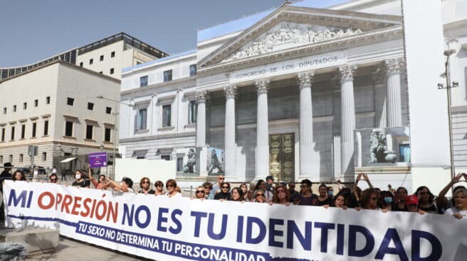 Un grupo de mujeres del Movimiento Feminista de Madrid sostienen una pancarta durante una acción reivindicativa frente al Congreso de los Diputados Un grupo de mujeres del Movimiento Feminista de Madrid sostienen una pancarta durante una acción reivindicativa frente al Congreso de los Diputados