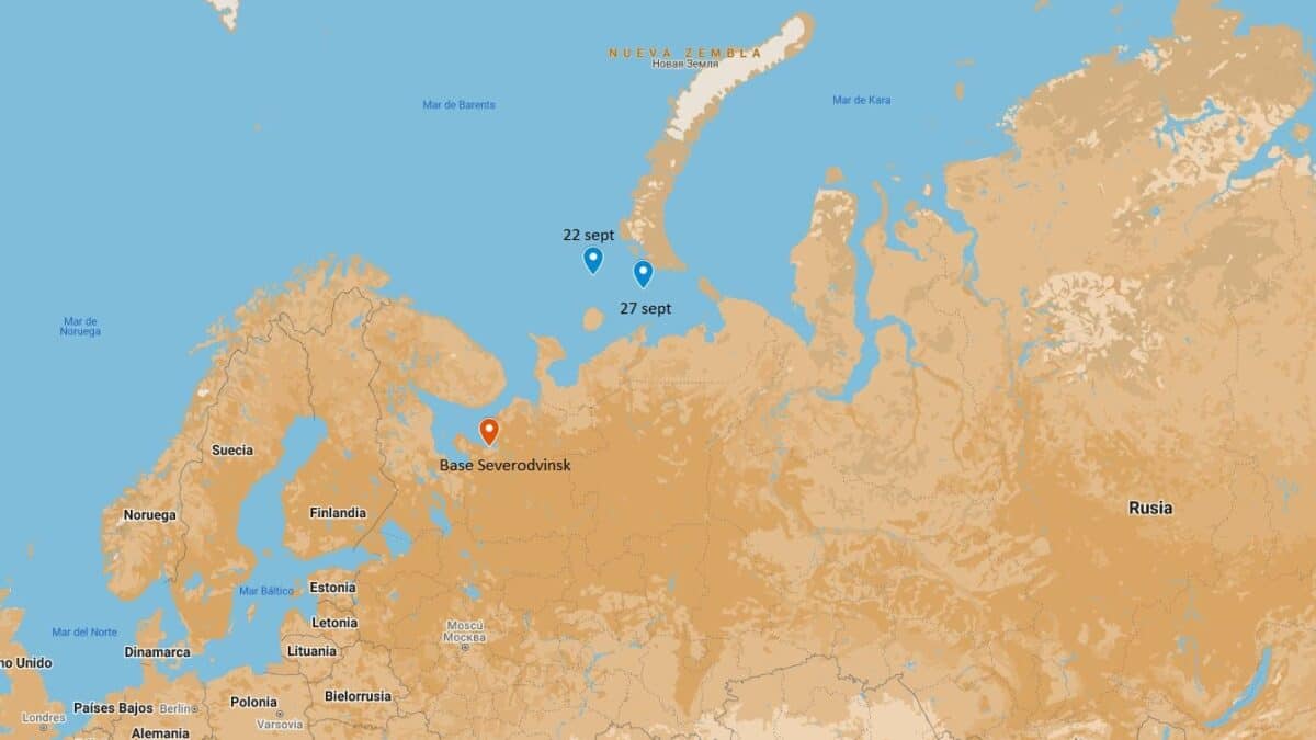 Últimas posiciones conocidas del submarino Belgorod, según el portal Naval News.