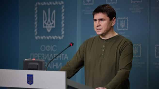 Mykhailo Podolyak, en una conferencia de prensa en Kiev. Mykhailo Podolyak, en una conferencia de prensa en Kiev.