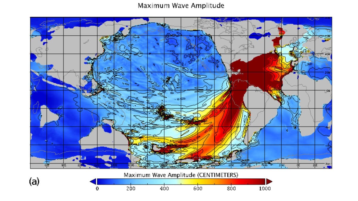 Amplitud máxima de la ola del tsunami, en centímetros, tras el impacto del asteroide hace 66 millones de años