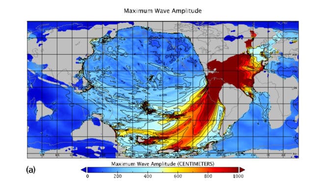 Amplitud máxima de la ola del tsunami, en centímetros, tras el impacto del asteroide hace 66 millones de años Amplitud máxima de la ola del tsunami, en centímetros, tras el impacto del asteroide hace 66 millones de años