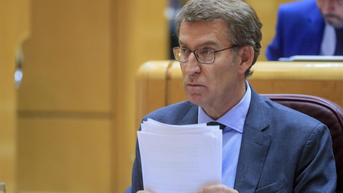 El presidente del PP y senador Alberto Núñez Feijóo, escucha la comparecencia de Pedro Sánchez en el Senado