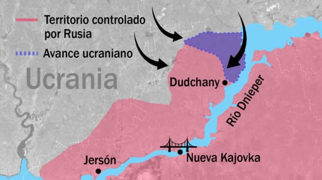 Avance ucraniano desde el último fin de semana en la región de Jersón. Mapa avance ucraniano alrededor del río Dnieper en las últimas 72 horas.