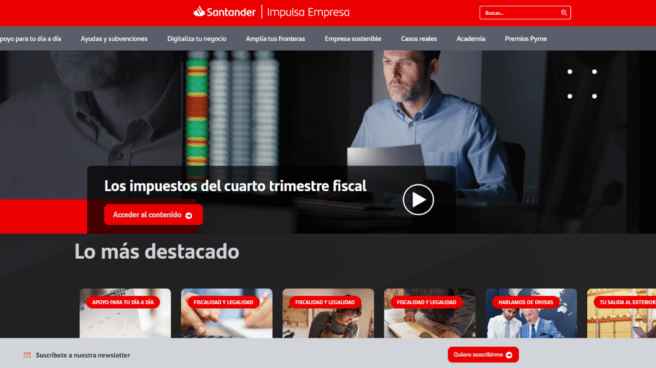 'Impulsa Empresa', el portal de Banco Santander para ayudar a crecer a los negocios españoles. La plataforma de la entidad ofrece contenidos en diferentes formatos para apoyar la transformación y el crecimiento de las empresas dentro y fuera de España y que sean más sostenibles.