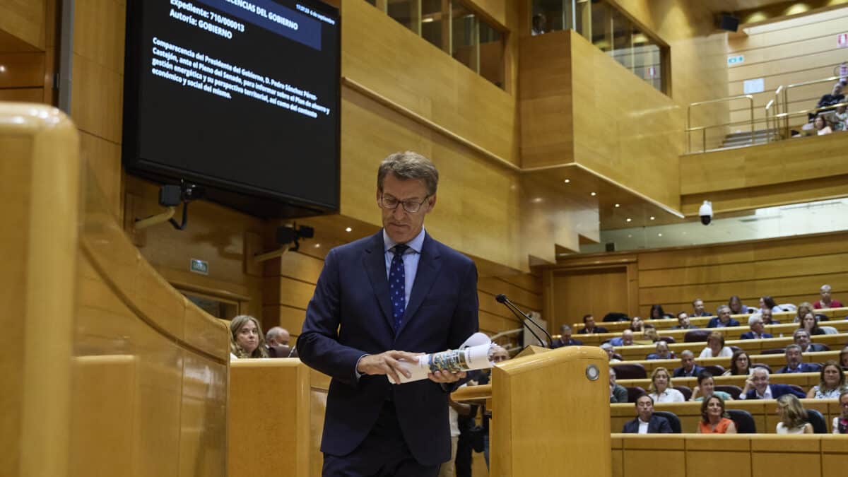 El presidente del Partido Popular, Alberto Núñez Feijóo, después de intervenir durante un debate monográfico en el Senado