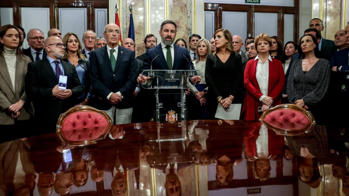 Santiago Abascal comparece junto a los diputados de Vox en el Congreso.