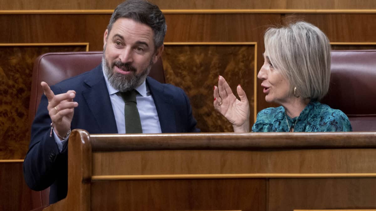 El presidente de Vox, Santiago Abascal, conversa con la portavoz adjunta del grupo parlamentario, Inés Cañizares, en el Congreso