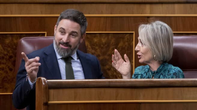 El presidente de Vox, Santiago Abascal, conversa con la portavoz adjunta del grupo parlamentario, Inés Cañizares, en el Congreso