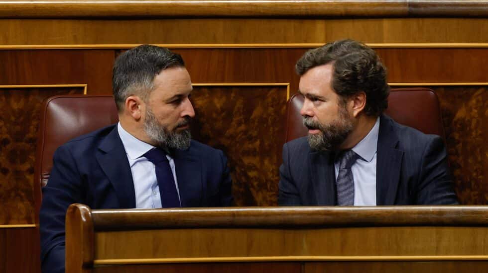 El presidente de Vox, Santiago Abascal, e Iván Espinosa de los Monteros, portavoz en el Congreso de los Diputados, dialogan en un pleno en las Cortes