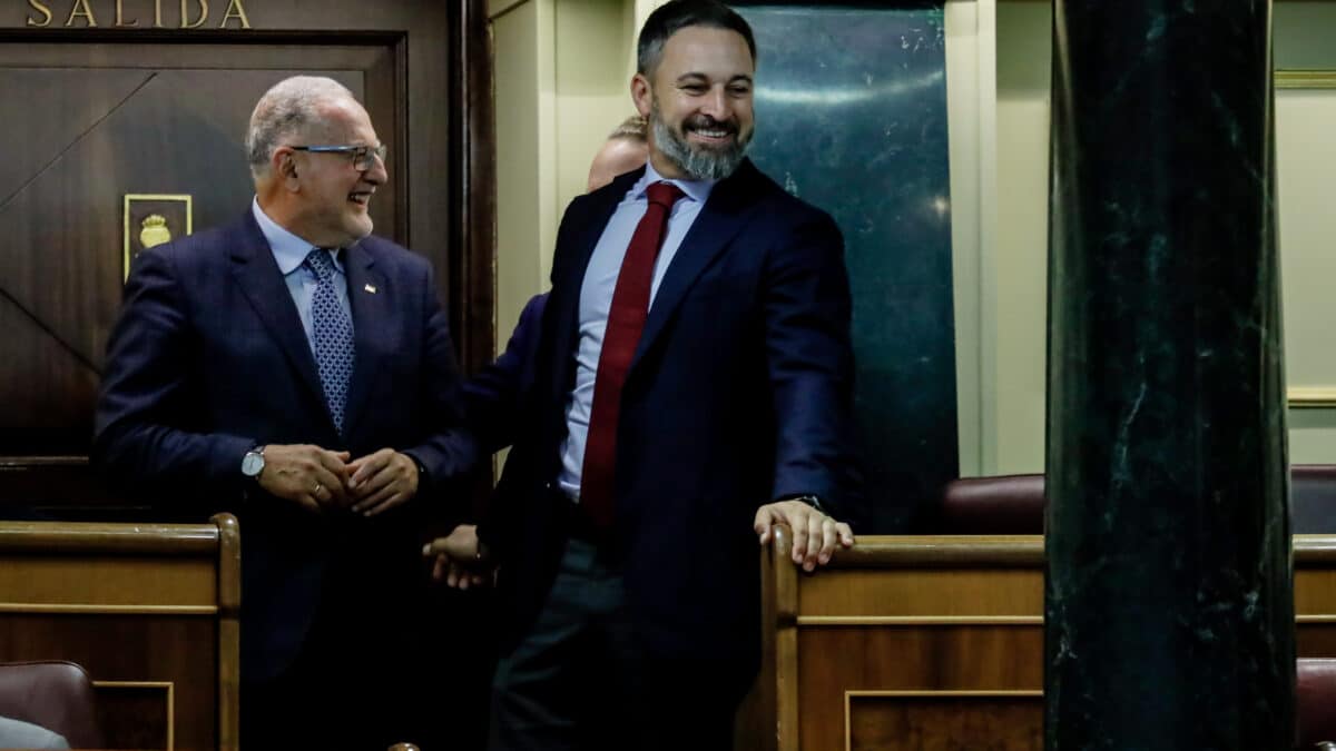 El presidente de Vox, Santiago Abascal, durante la sesión plenaria del Congreso de los Diputados, este jueves