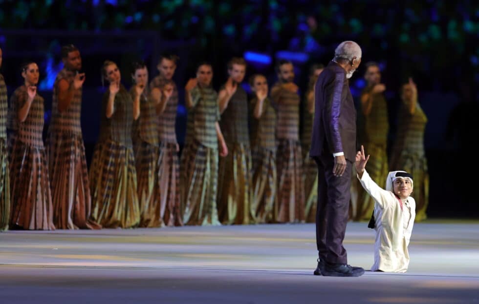 Morgan Freeman y Ghanim Al Muftah, en la inauguración del Mundial de Qatar.