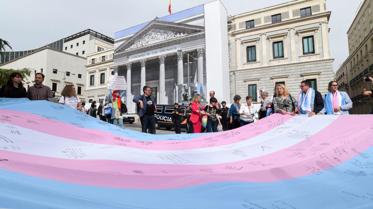 Bandera trans a las puertas del Congreso de los Diputados.