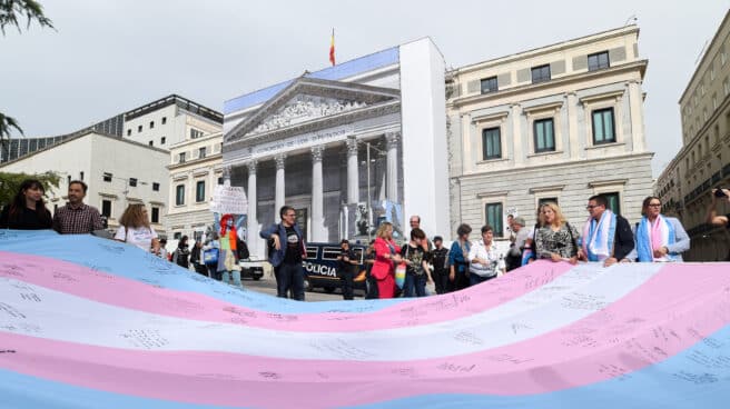 Bandera trans a las puertas del Congreso de los Diputados. Bandera trans a las puertas del Congreso de los Diputados.