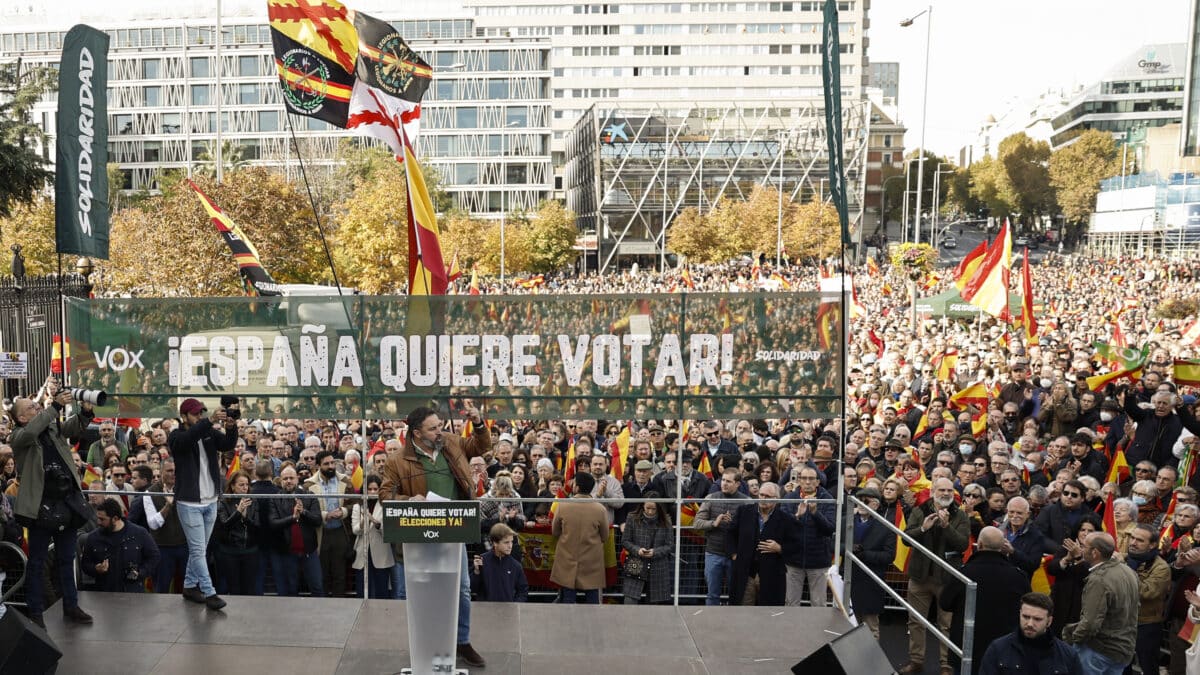 El líder de VOX, Santiago Abascal, interviene en la concentración convocada por la formación este domingo en la Plaza de Colón de Madrid, contra el Gobierno
