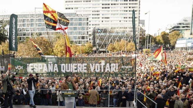 El líder de VOX, Santiago Abascal, interviene en la concentración convocada por la formación este domingo en la Plaza de Colón de Madrid, contra el Gobierno