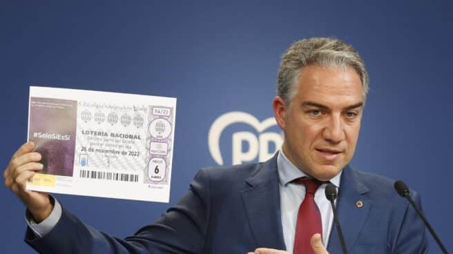 Elías Bendodo muestra una décimo de lotería con publicidad de la 'ley Montero'. Elías Bendodo muestra una décimo de lotería con publicidad de la 'ley Montero'.
