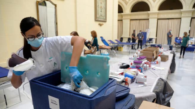 Una enfermera deposita las bolsas de sangre en un contenedor frigorífico