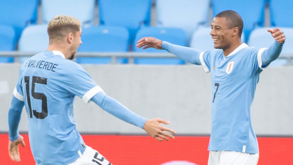 Fede Valverde celebra un gol con la selección de Uruguay.