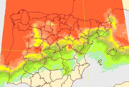 Mapa con las regiones con probabilidad de precipitación elevada para este jueves en España. Mapa con las regiones con probabilidad de precipitación elevada para este jueves en España.