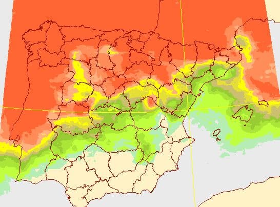 Mapa con las regiones con probabilidad de precipitación elevada para este jueves en España.