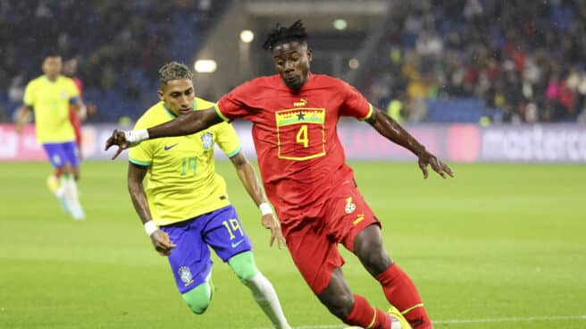 El defensor Mohammed Salisu, en un partido amistoso entre Ghana y Brasil.