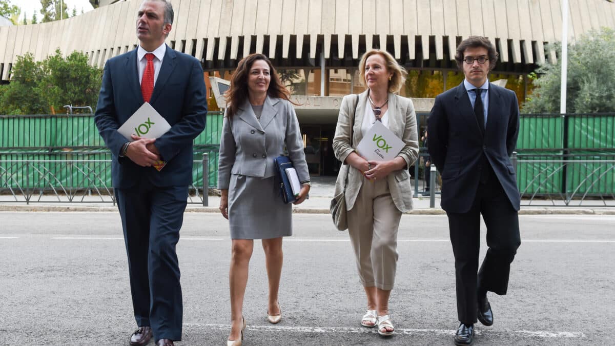 (I-D) El vicepresidente de Vox Javier Ortega Smith; la vicesecretaria jurídica Marta Castro y el secretario general del Grupo José María Figaredo, tras presentar un recurso de inconstitucionalidad en el TC