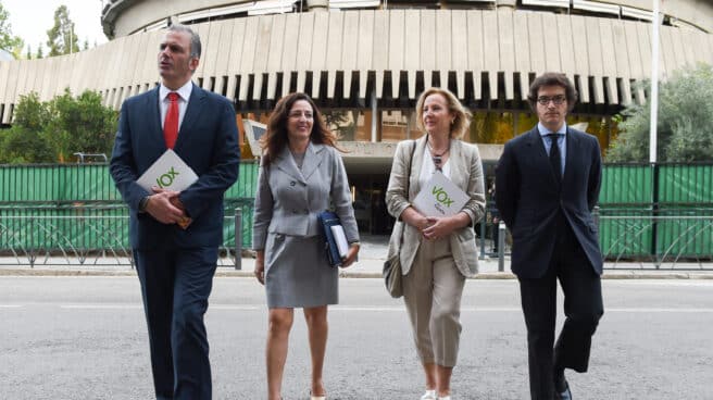 (I-D) El vicepresidente de Vox Javier Ortega Smith; la vicesecretaria jurídica Marta Castro y el secretario general del Grupo José María Figaredo, tras presentar un recurso de inconstitucionalidad en el TC (I-D) El vicepresidente de Vox Javier Ortega Smith; la vicesecretaria jurídica Marta Castro y el secretario general del Grupo José María Figaredo, tras presentar un recurso de inconstitucionalidad en el TC