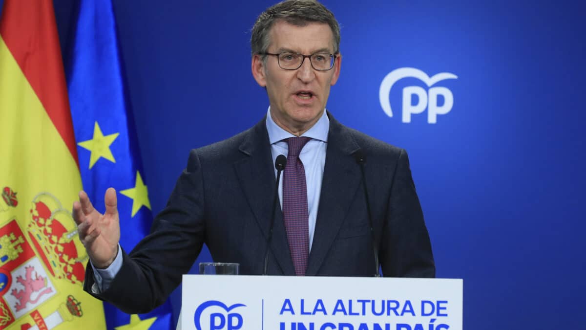 MADRID, 29/12/2022.- El líder del Partido Popular, Alberto Núñez Feijóo, hace balance de 2022, su primer año al frente del partido y de la oposición tras sustituir a Pablo Casado, durante una rueda de prensa celebrada este jueves en la sede del partido en Madrid. EFE/ Fernando Alvarado