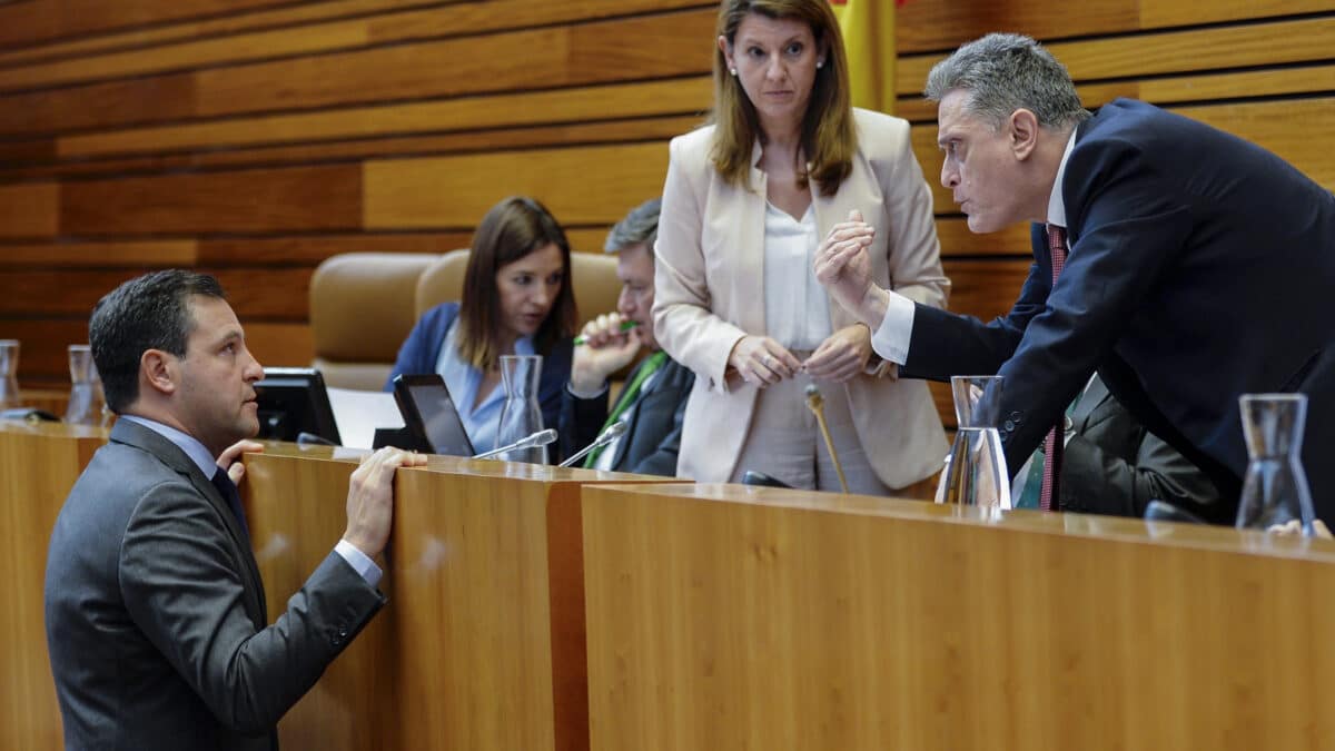 El portavoz del PP, Raúl de la Hoz (i), conversa con el letrado mayor, Edmundo Matía (d), durante la suspensión del pleno provocada por el error en la votación por parte del PP de la Ley de Medidas de Acompañamiento a los presupuestos