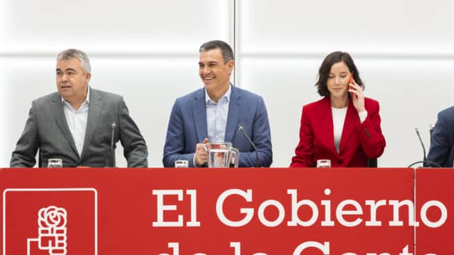 El secretario general del PSOE y presidente del Gobierno, Pedro Sánchez, flanqueado por el responsable de Organización, Santos Cerdán, y la responsable de Igualdad, Andrea Fernández, durante la reunión de la ejecutiva federal del PSOE, este 12 de diciembre de 2022 en la sede de Ferraz.