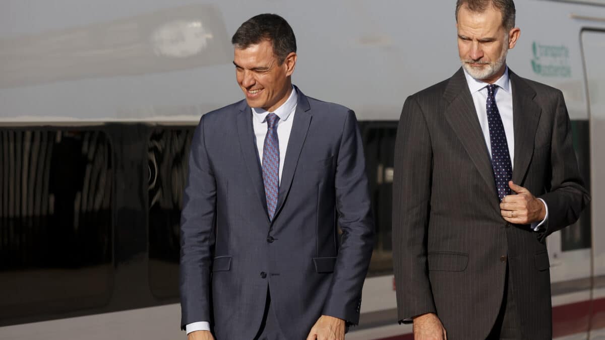 ELCHE (ALICANTE), 19/12/2022.- El rey Felipe VI, a su llegada en AVE a la estación de Elche (Alicante) procedente de la estación Madrid-Chamartín-Clara Campoamor durante la inauguración de la línea de Alta Velocidad Madrid-Murcia. El monarca ha viajado en compañía del presidente del Gobierno, Pedro Sánchez (i). EFE/ Javier Lizón