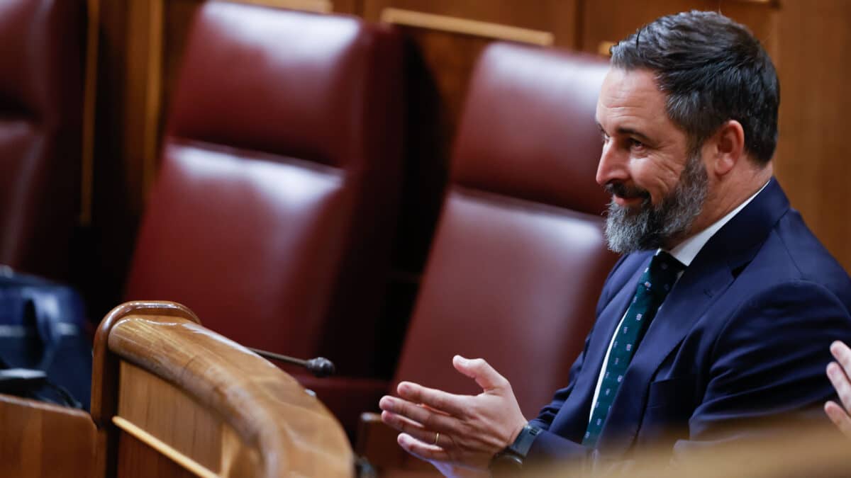 El líder de VOX Santiago Abascal durante el pleno celebrado este jueves, en el Congreso de los Diputados en Madrid.