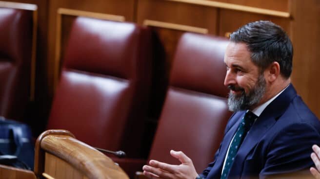 El líder de VOX Santiago Abascal durante el pleno celebrado este jueves, en el Congreso de los Diputados en Madrid.