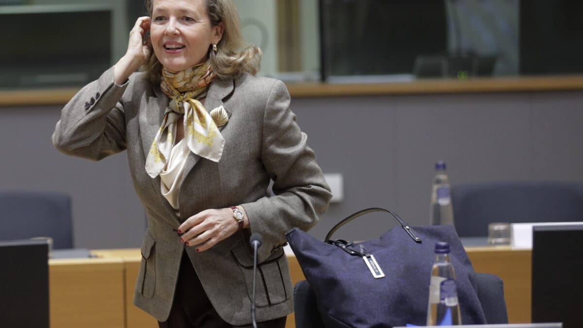 La Vicepresidenta Primera y Ministra de Economía de España, Nadia Calvino, al inicio de la reunión de ministros de Hacienda del Eurogrupo en Bruselas