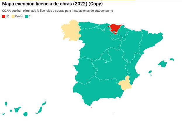 Mapa de exención de licencias de obras para autoconsumo por comunidades