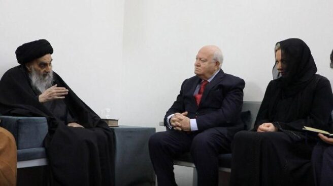 A1-3509842-1 Miguel Ángel Moratinos y Jeanine Hennis-Plasschaert en la audiencia con el Gran Ayatolá Ali al-Sistani