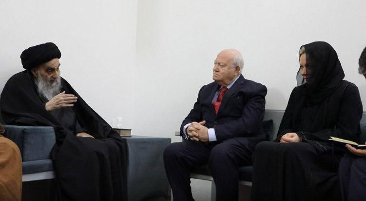 Miguel Ángel Moratinos y Jeanine Hennis-Plasschaert en la audiencia con el Gran Ayatolá Ali al-Sistani