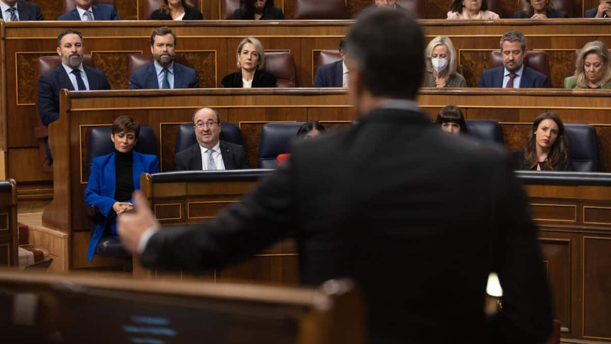 El presidente del Gobierno, Pedro Sánchez, interviene durante una sesión plenaria en el Congreso de los Diputados