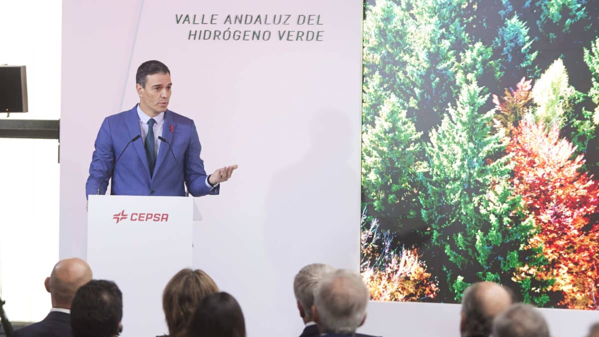 El presidente del gobierno de España, Pedro Sánchez, durante la presentación del proyecto de Cepsa 'Valle andaluz del Hidrógeno Verde' en la Refinería Cepsa de San Roque